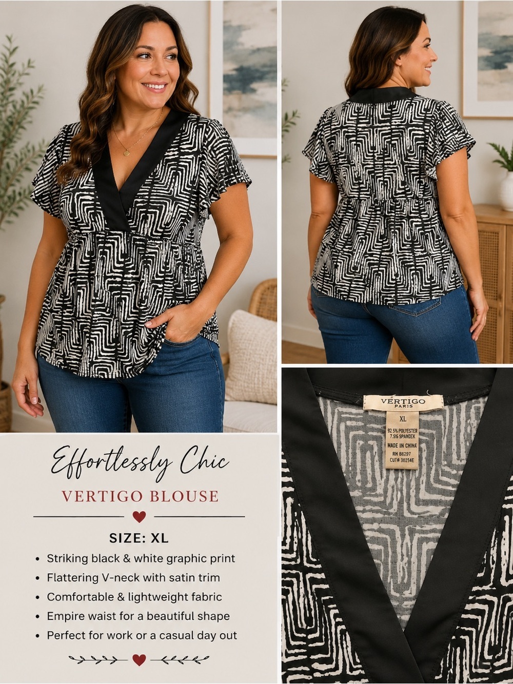 Vertigo Paris Black and White V-Neck Geometric Blouse XL